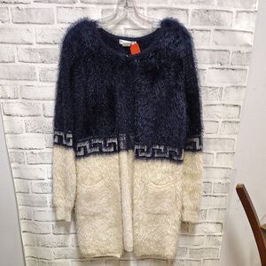 Blue and White Cardigan Sweater with Textured Design
